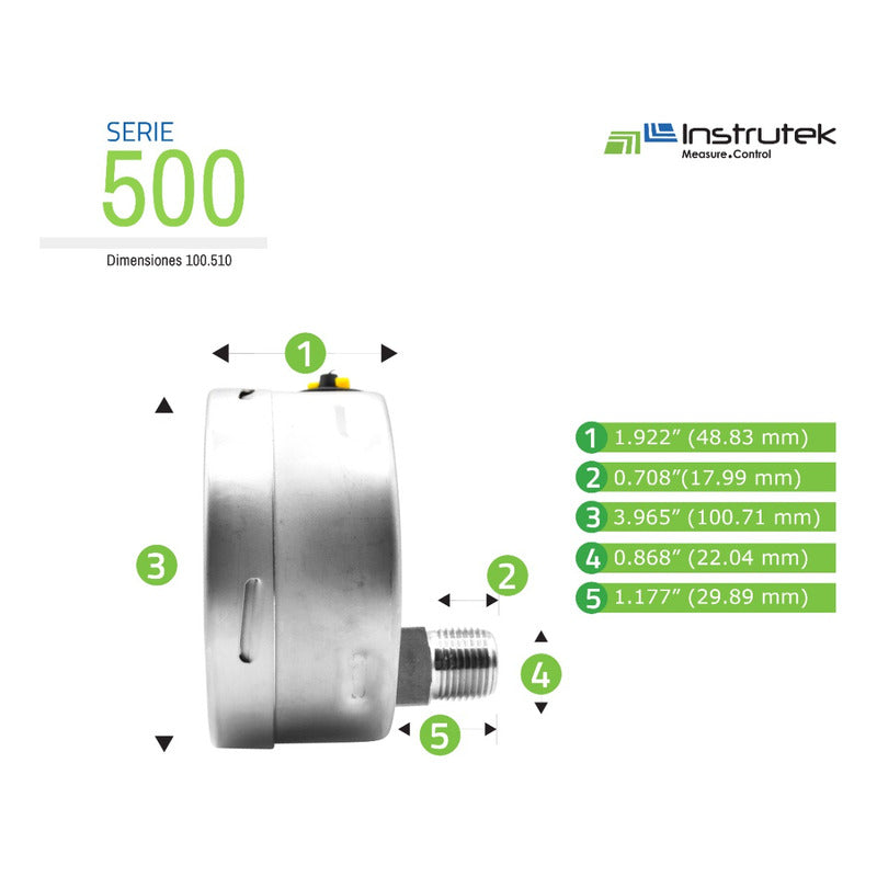 Manómetro 4", acero inoxidable, 1/2" NPT, posterior, 300 psi-kg/cm2