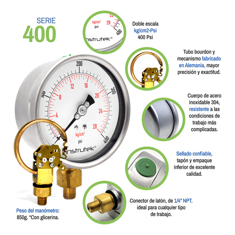 Manómetro 4", lleno de líquido premium, 1/4" NPT, inferior, 400 psi-kg/cm2