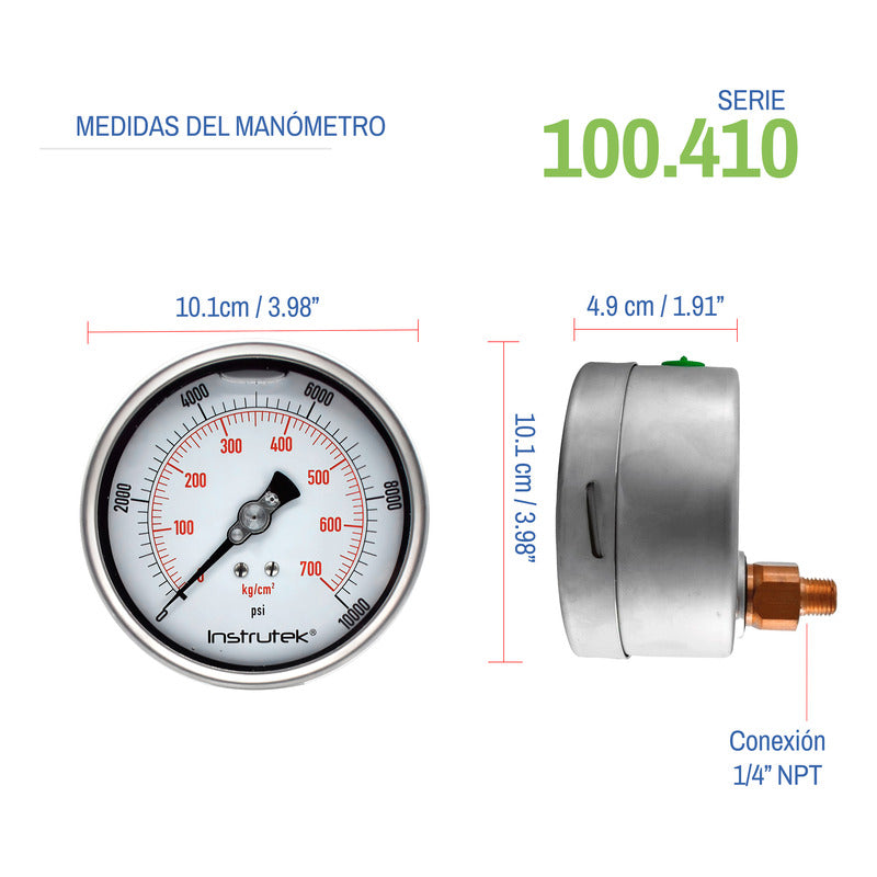 Manómetro 4", lleno de líquido premium, 1/4" NPT, posterior, 10000 psi-kg/cm2