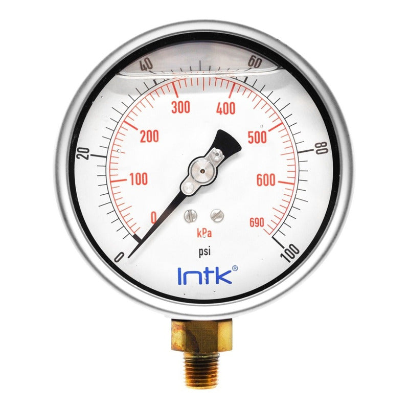 4” Liquid filled (O.E.M.), pressure gauge, 1/4” NPT, bottom connection, 0 to 100 psi-kPa