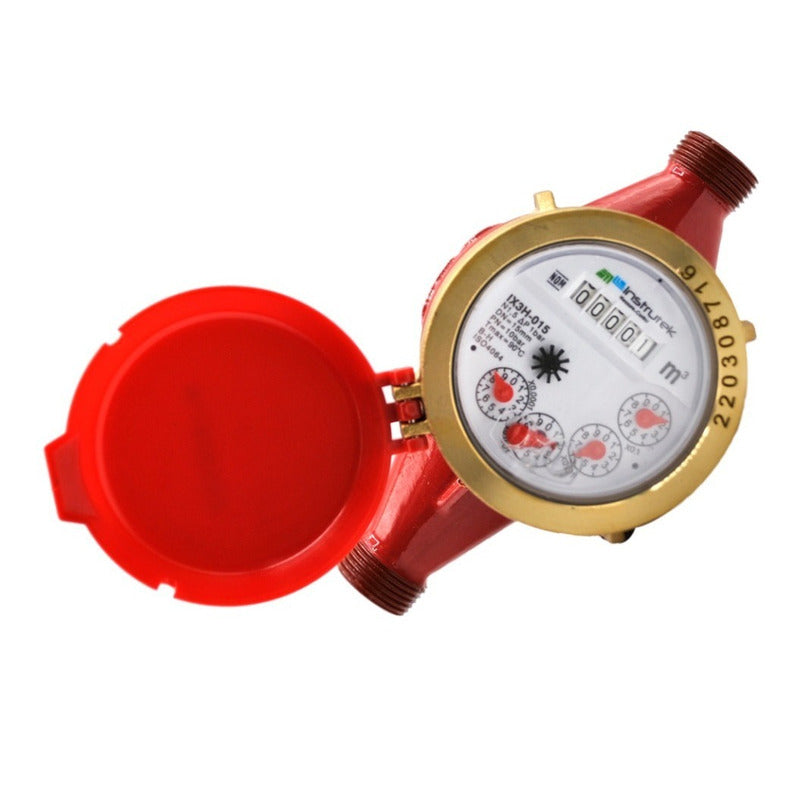 Medidor de agua tipo chorro múltiple, agua caliente, cuerpo de hierro, extremos roscados de 1/2", incluye los conectores de latón