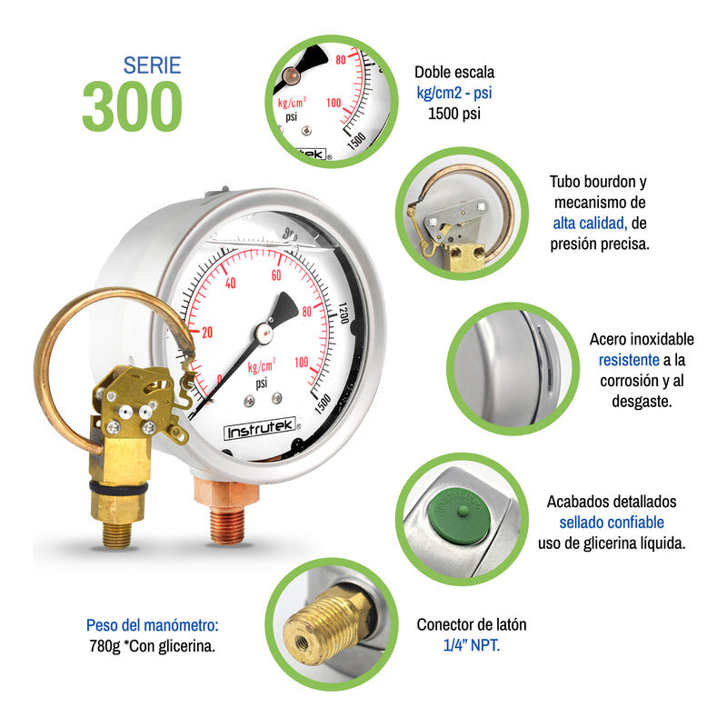 Manómetro 4", lleno de líquido (O.E.M.), 1/4" NPT, inferior, 1500 psi-kg/cm2
