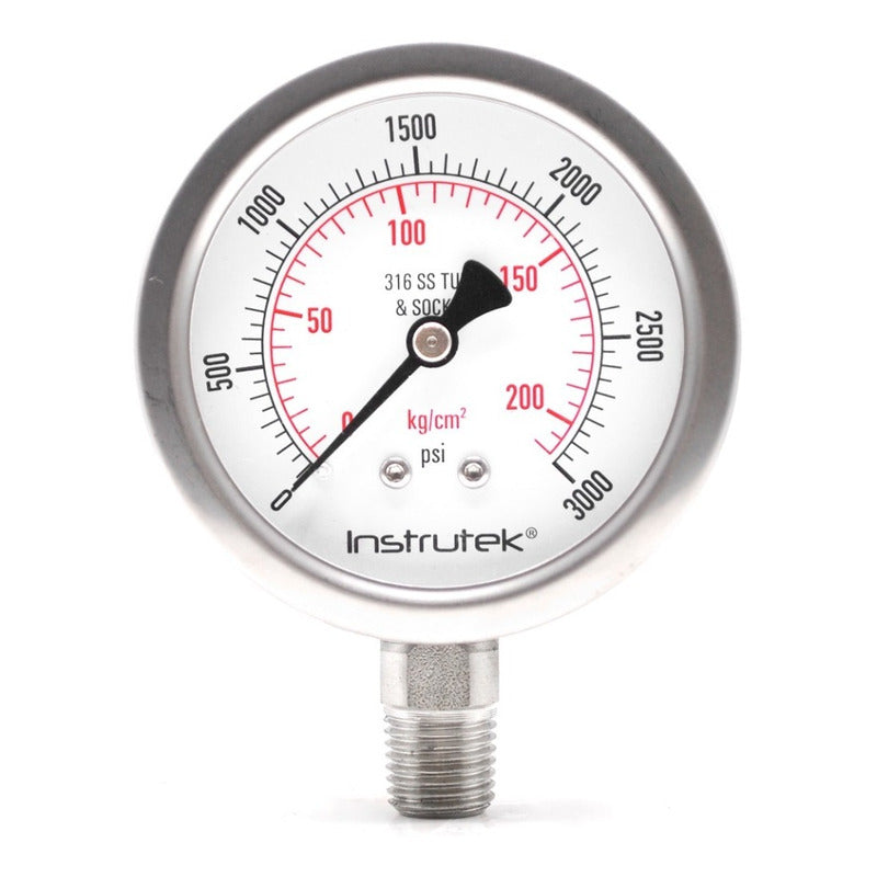 Manómetro 2.5", acero inoxidable, 1/4" NPT, inferior, 3000 psi-kg/cm2
