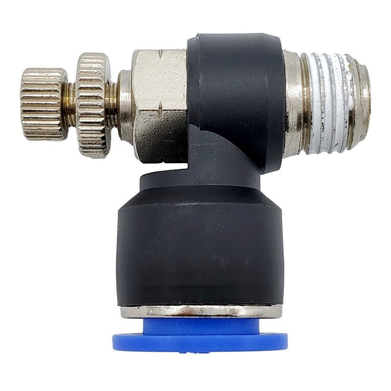 Conector / Regulador De Caudal Neumático Codo 1/4 NPT x 1/2"