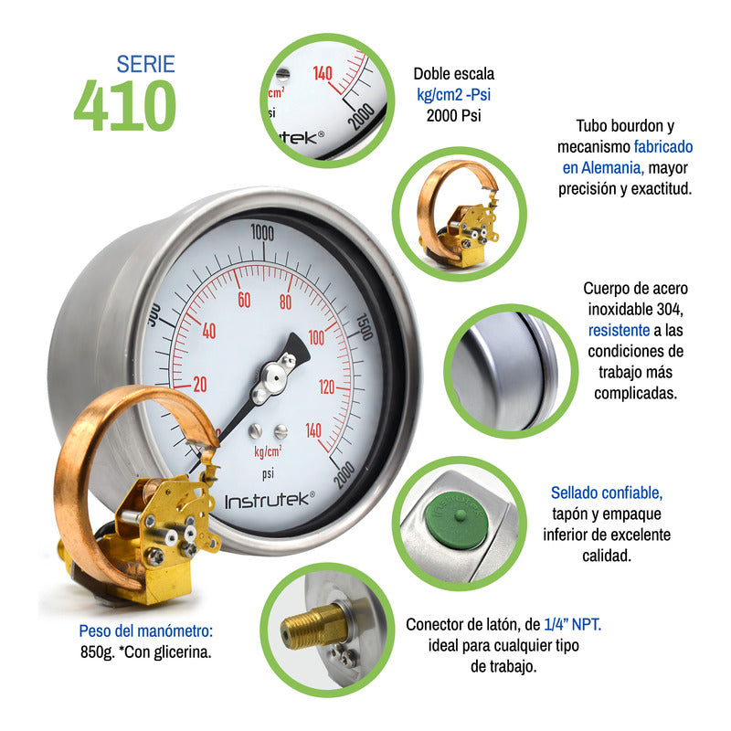 Manómetro 4", lleno de líquido premium, 1/4" NPT, posterior, 2000 psi-kg/cm2