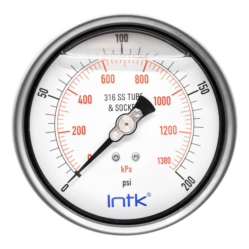 4” S.S. Liquid filled (O.E.M.), pressure gauge, 1/2” NPT, back connection, 0 to 200 psi-kPa