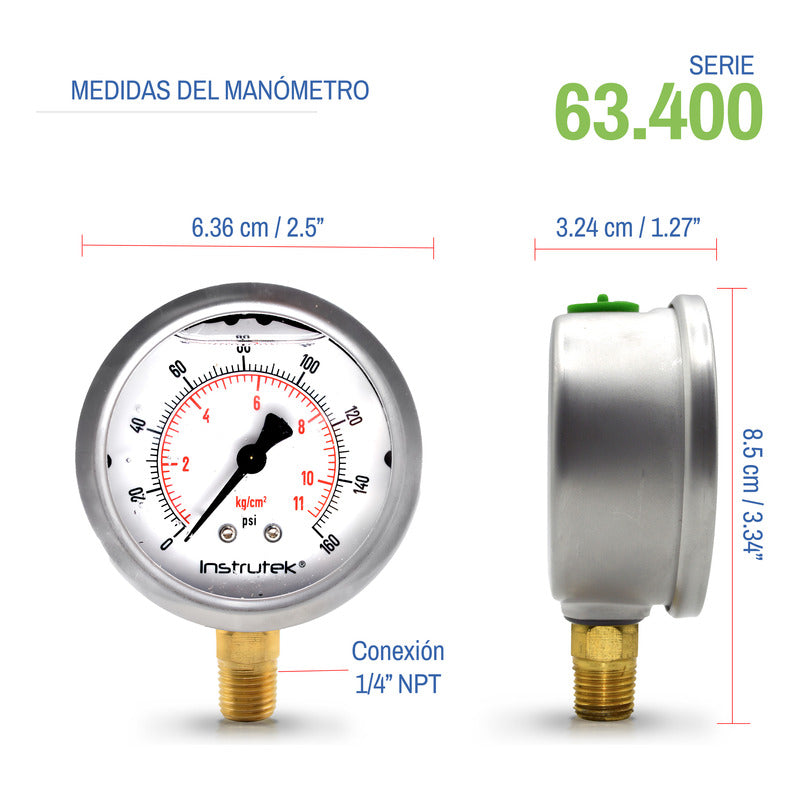 Manómetro 2.5", lleno de líquido premium, 1/4" NPT, inferior, 160 psi-kg/cm2