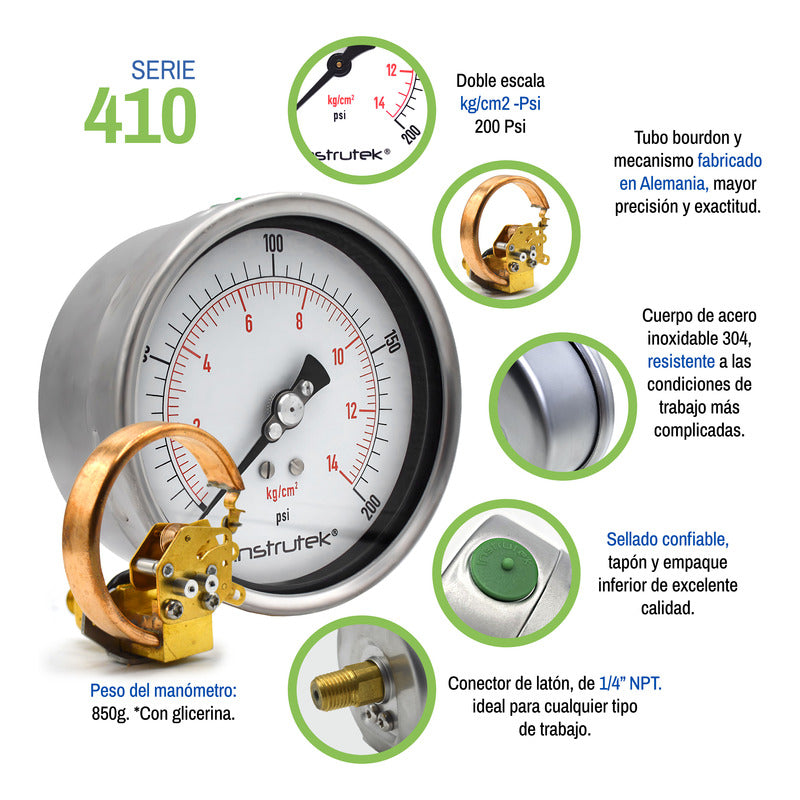 Manómetro 4", lleno de líquido premium, 1/4" NPT, posterior, 200 psi-kg/cm2