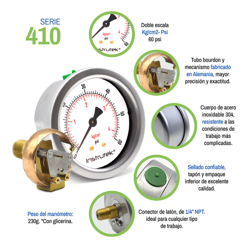 Manómetro Premium Inox Glicerina 2.5 PLG, 60 Psi