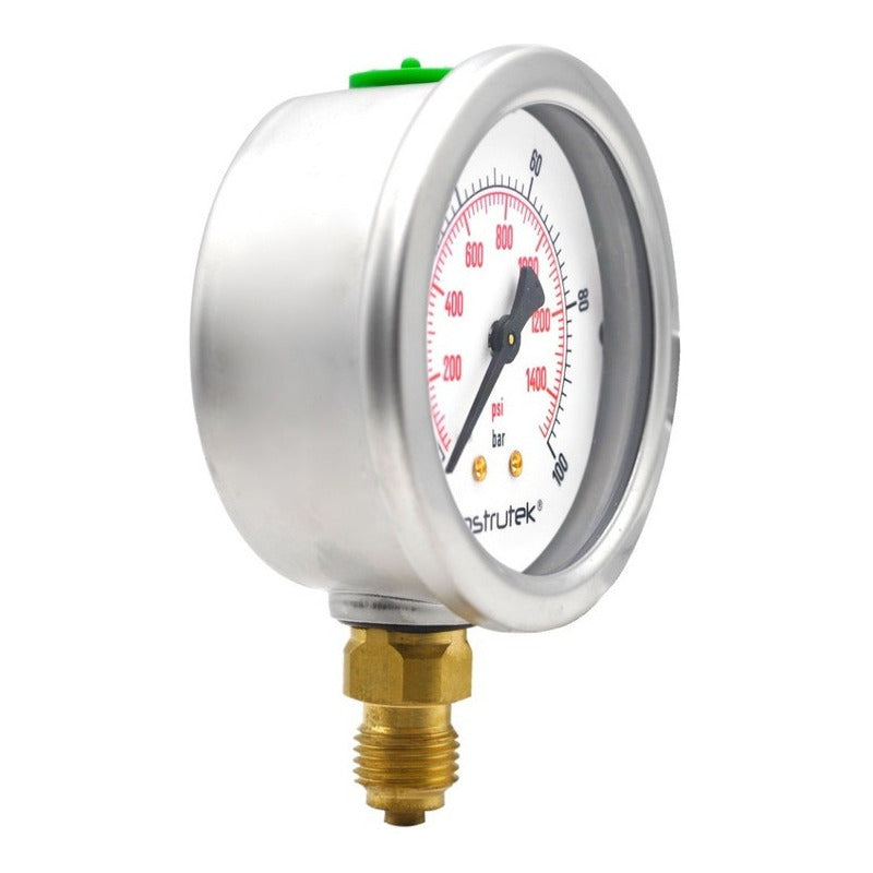 Manómetro 2.5", lleno de líquido premium, 1/4" BSPP, inferior, 250 bar-psi