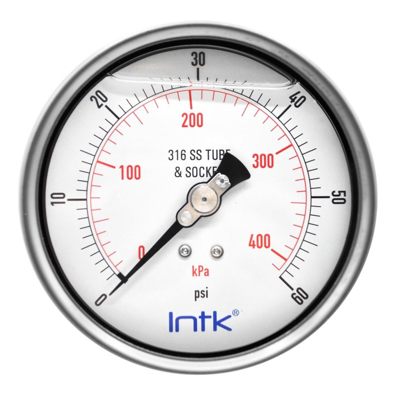 4” S.S. Liquid filled (O.E.M.), pressure gauge, 1/2” NPT, back connection, 0 to 60 psi-kPa