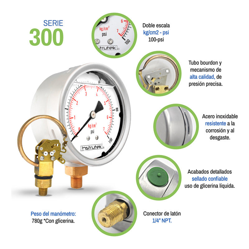 Manómetro 4", lleno de líquido (O.E.M.), 1/4" NPT, inferior, 100 psi-kg/cm2