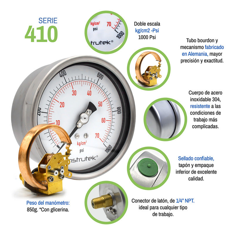 Manómetro 4", lleno de líquido premium, 1/4" NPT, posterior, 1000 psi-kg/cm2