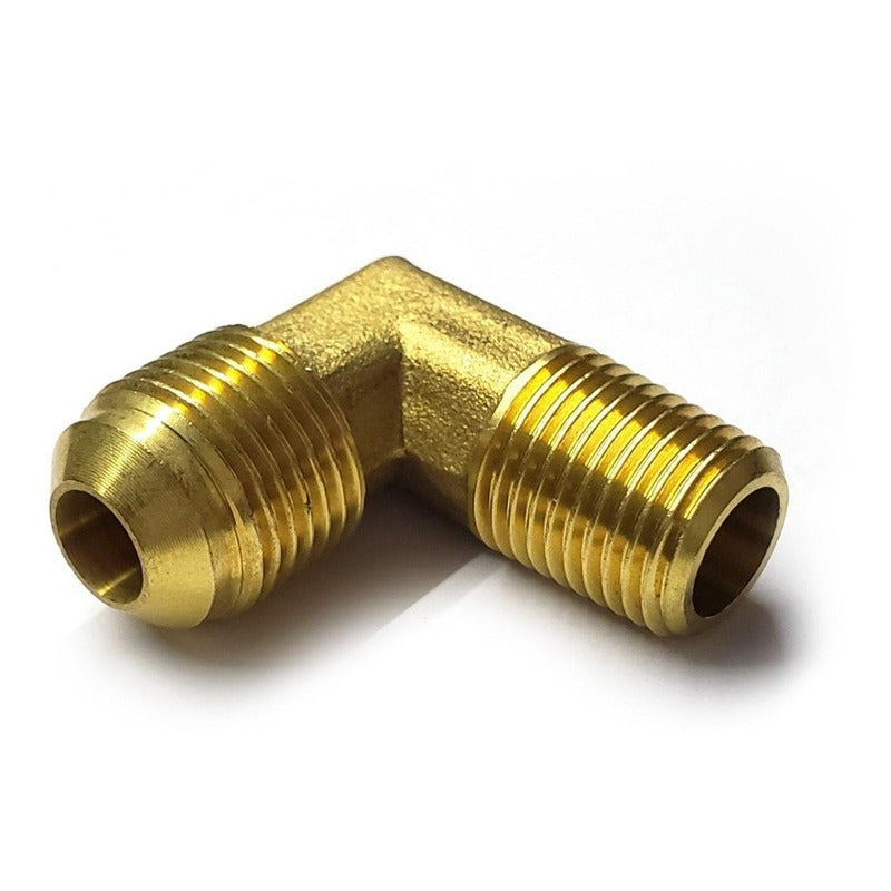 Conector en codo macho 90, fabricado en latón (dorado) de 1/4" NPT x 3/8" flare