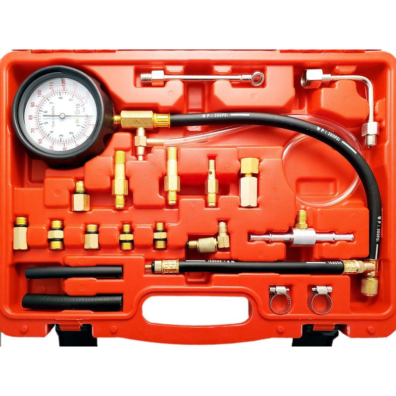 Manómetro seco para presión de bomba de gasolina, escala dual 0 a 140 psi - 11 bar. Cuenta con juego de herramientas para inyector de combustible.