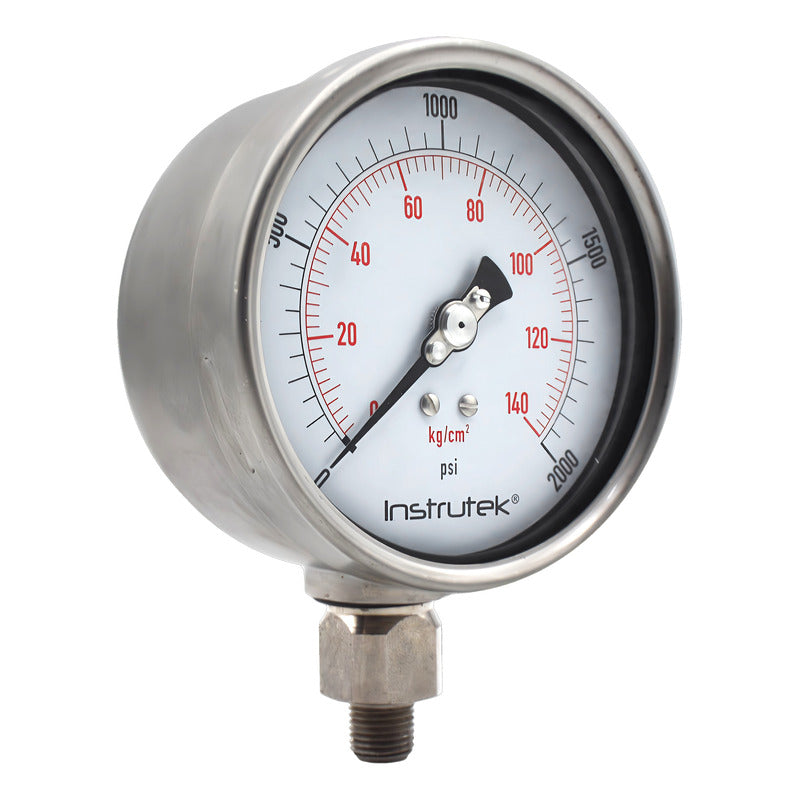 Manómetro 4", lleno de líquido premium, 1/4" NPT, inferior, 2000 psi-kg/cm2