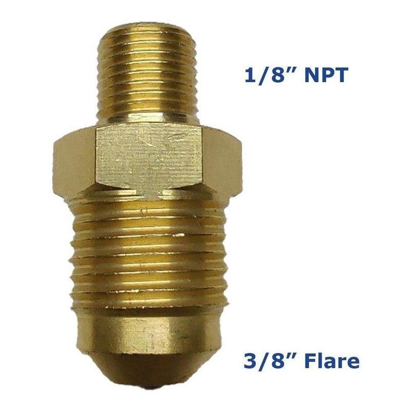 Conector macho, fabricado en latón (dorado) de 1/8" NPT x 3/8" flare.