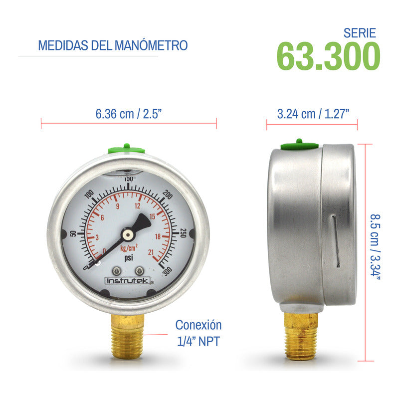 Stainless Steel Glycerin Pressure Gauge 2.5 IN, 300 Psi (air, water)