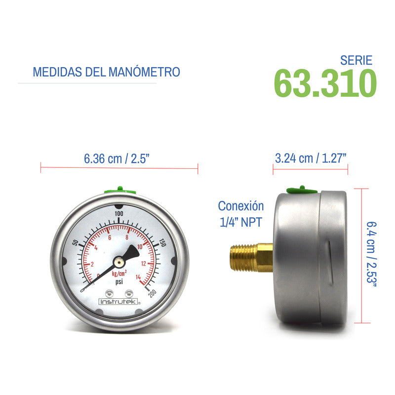 Stainless Steel Glycerin Pressure Gauge 2.5 IN, 200 Psi (air, water)
