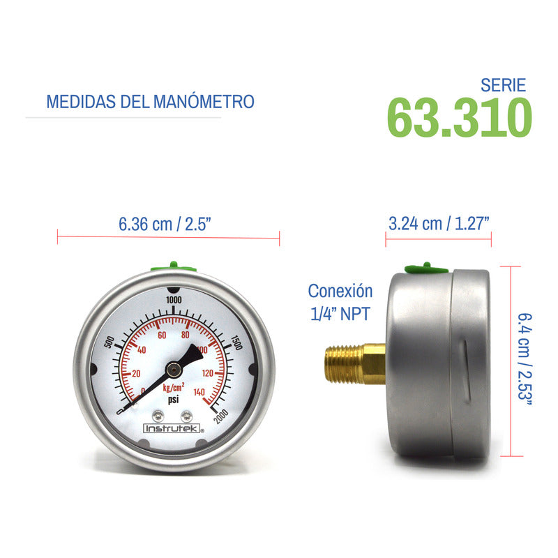 Manómetro 2.5", lleno de líquido (O.E.M.), 1/4" NPT, posterior, 2000 psi-kg/cm2