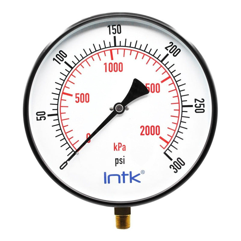 10" Standard, dry, pressure gauge, black steel case, 1/2" NPT, bottom connection, 0 to 300 psi-kPa