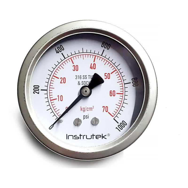 Manómetro 2.5", acero inoxidable, 1/4" NPT, posterior, 1000 psi-kg/cm2
