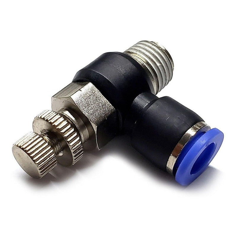 Conector / Regulador De Caudal Neumático Codo 1/4 Npt X 6 Mm