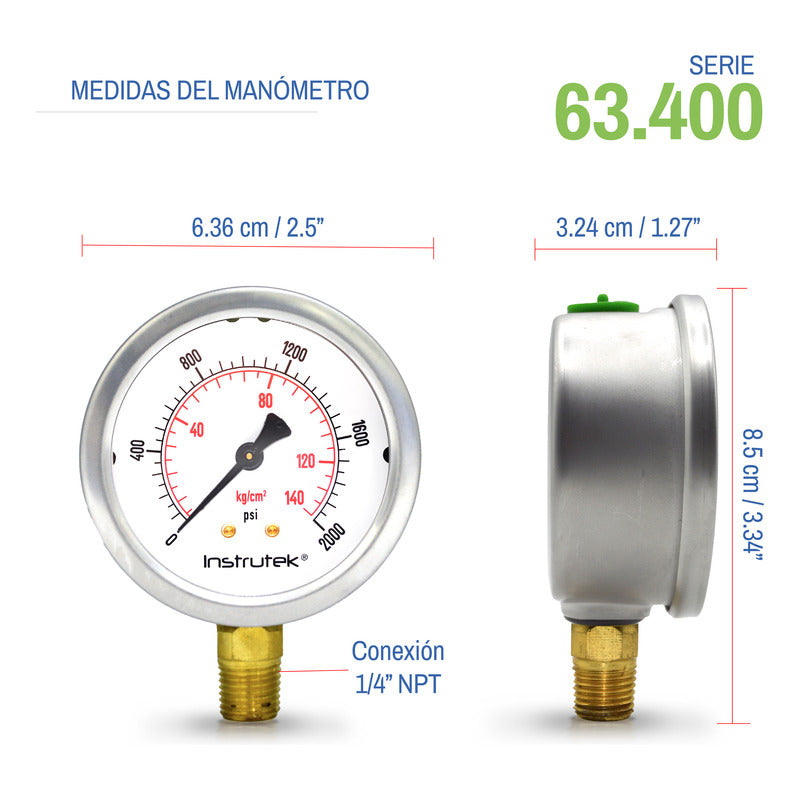 Manómetro 2.5", lleno de líquido premium, 1/4" NPT, inferior, 2000 psi-kg/cm2