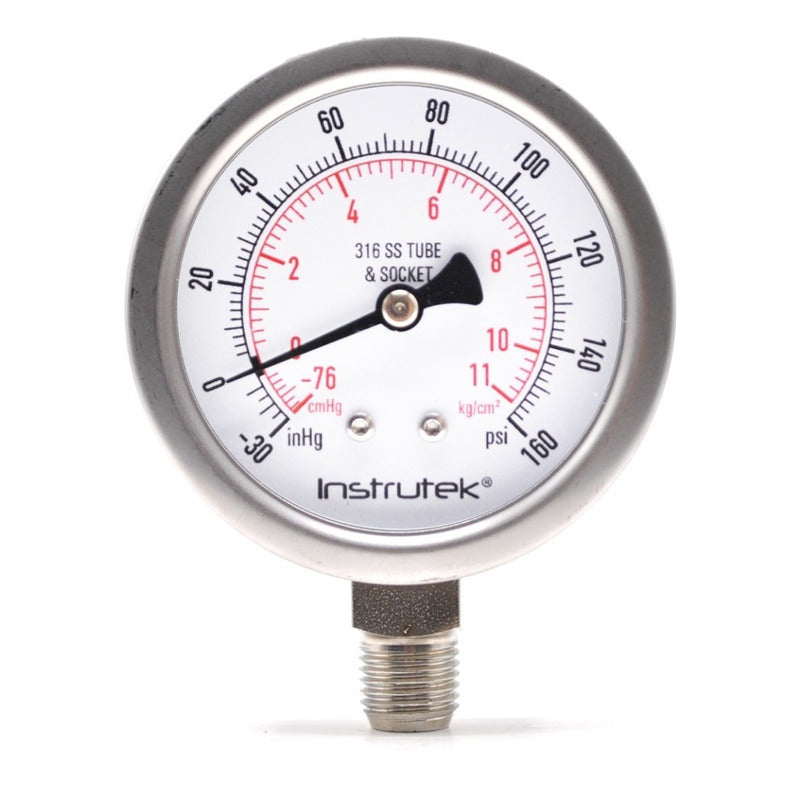 Manovacuómetro 2.5", acero inoxidable, 1/4" NPT, inferior, 30 Vac inHg-cmHg, 160 psi-kg/cm2