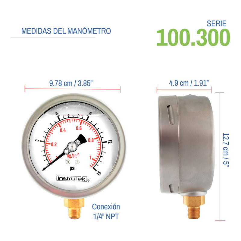 Manómetro 4", lleno de líquido (O.E.M.), 1/4" NPT, inferior, 15 psi-kg/cm2
