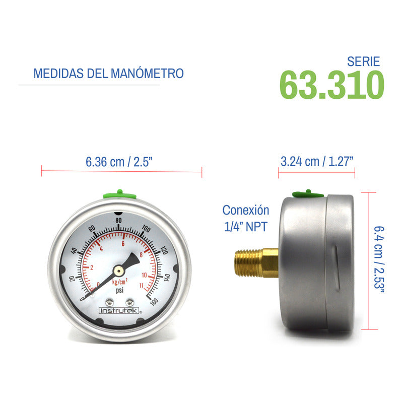 Stainless Steel Glycerin Pressure Gauge 2.5 IN, 160 Psi (air, water)