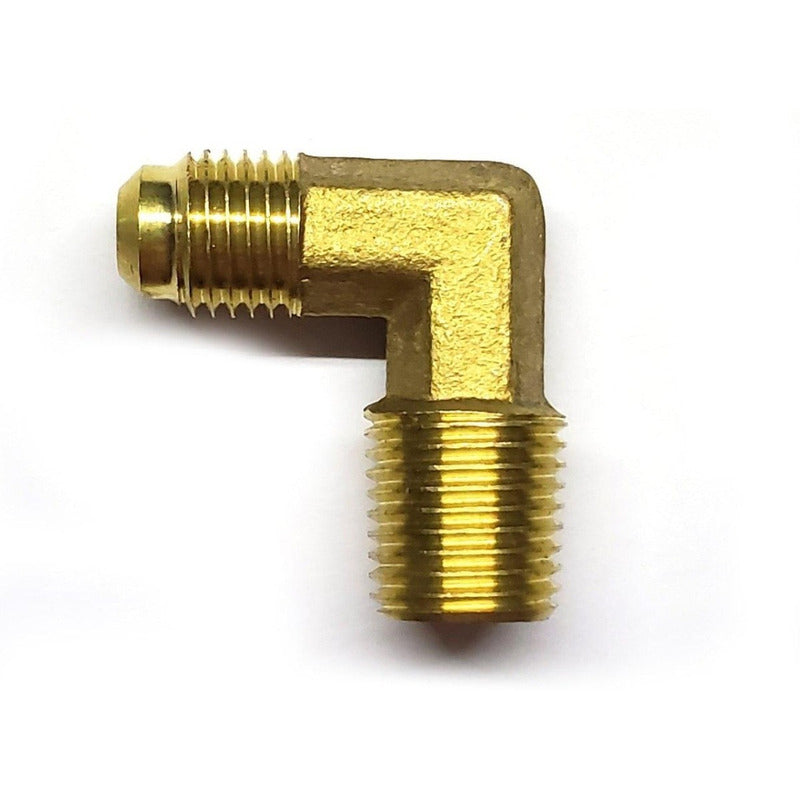 Conector en codo macho 90, fabricado en latón (dorado) de 1/4" NPT x 1/4" flare