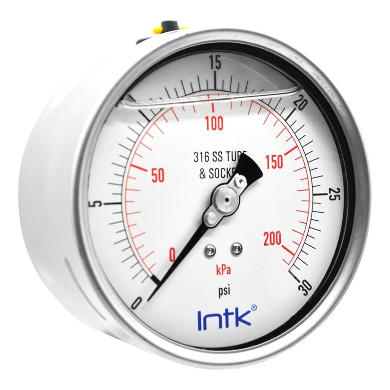 4” S.S. Liquid filled (O.E.M.), pressure gauge, 1/2” NPT, back connection, 0 to 30 psi-kPa