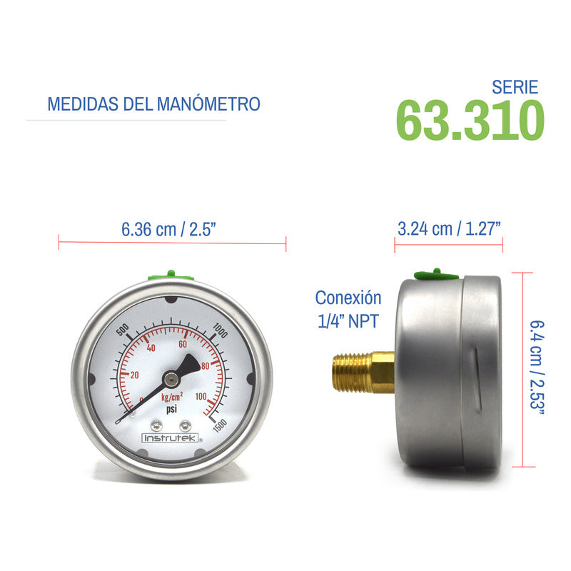 Manómetro 2.5", lleno de líquido (O.E.M.), 1/4" NPT, posterior, 1500 psi-kg/cm2