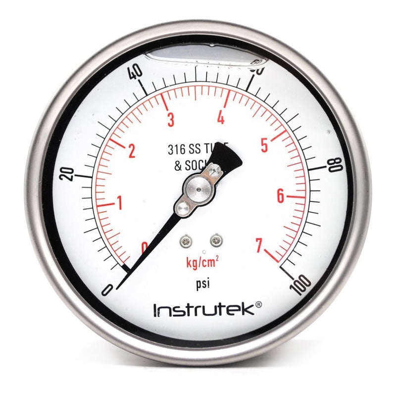 Manómetro 4", acero inoxidable, 1/2" NPT, posterior, 100 psi-kg/cm2