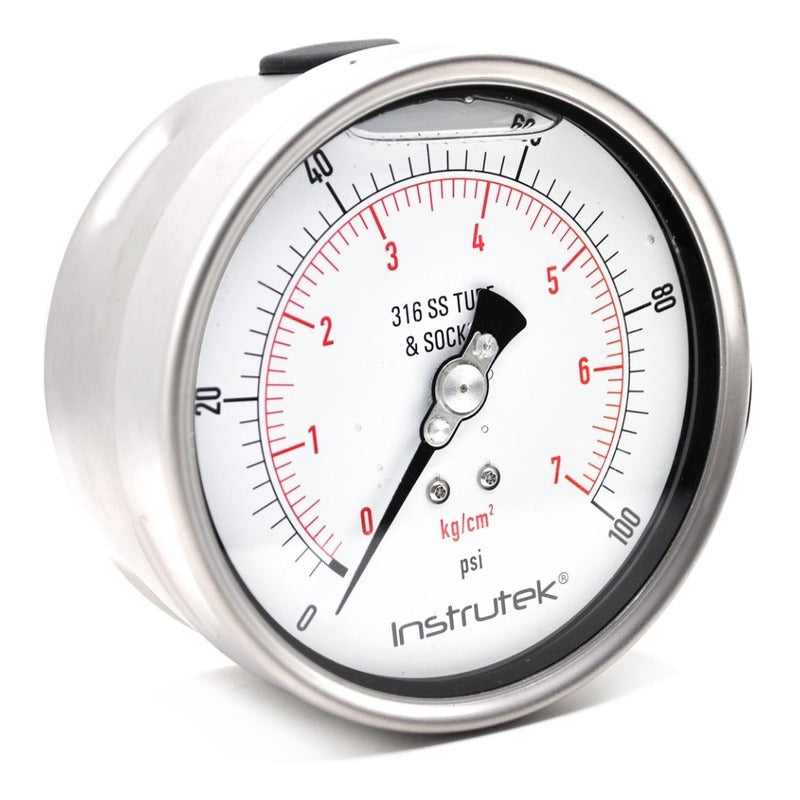 Manómetro 4", acero inoxidable, 1/2" NPT, posterior, 100 psi-kg/cm2