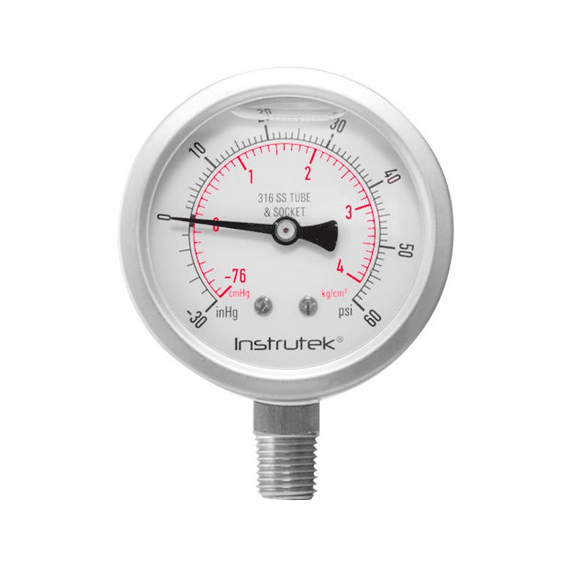 Manovacuómetro 2.5", acero inoxidable, 1/4" NPT, inferior, 30 Vac inHg-cmHg, 60 psi-kg/cm2