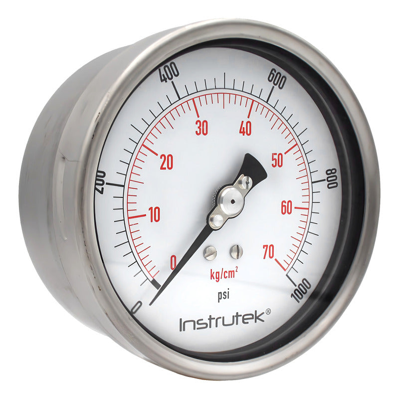 Manómetro 4", lleno de líquido premium, 1/4" NPT, posterior, 1000 psi-kg/cm2