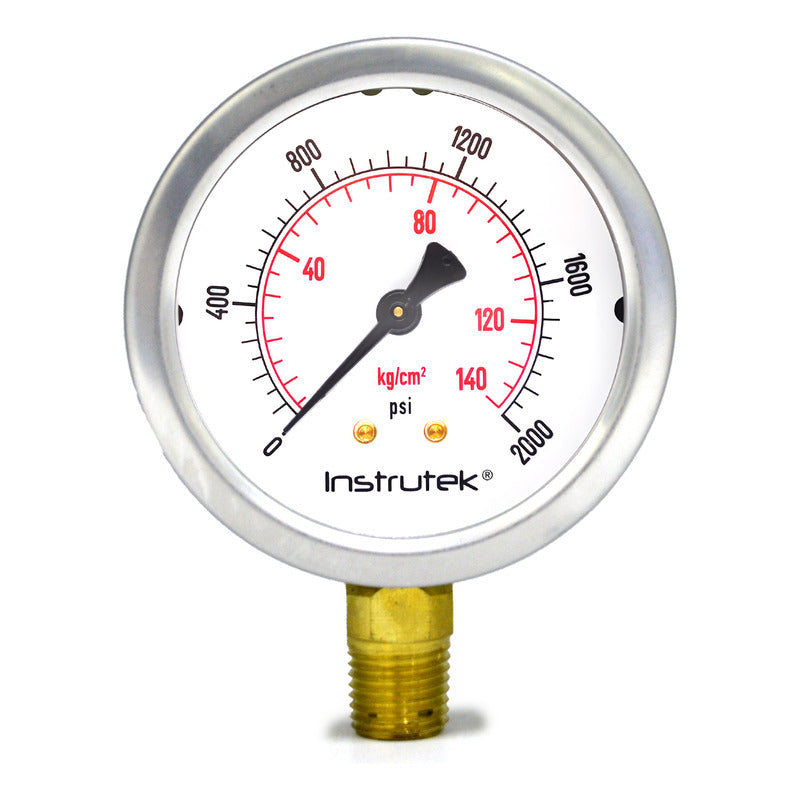 Manómetro 2.5", lleno de líquido premium, 1/4" NPT, inferior, 2000 psi-kg/cm2