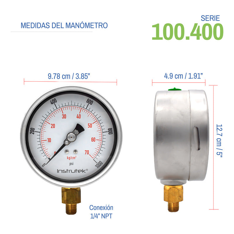 Manómetro 4", lleno de líquido premium, 1/4" NPT, inferior, 1000 psi-kg/cm2