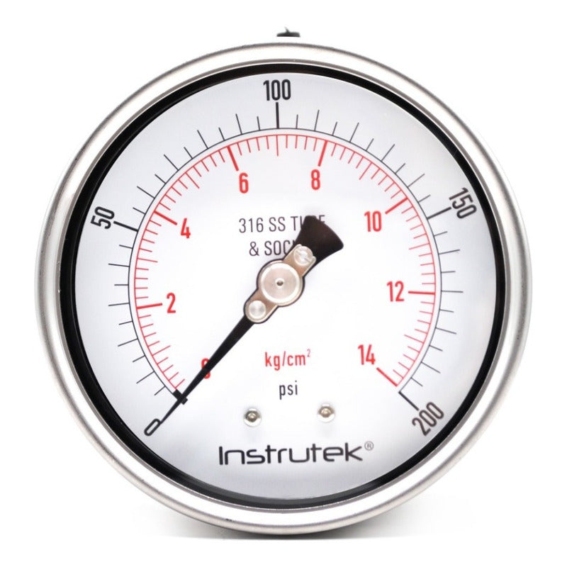 Manómetro 4", acero inoxidable, 1/2" NPT, posterior, 200 psi-kg/cm2