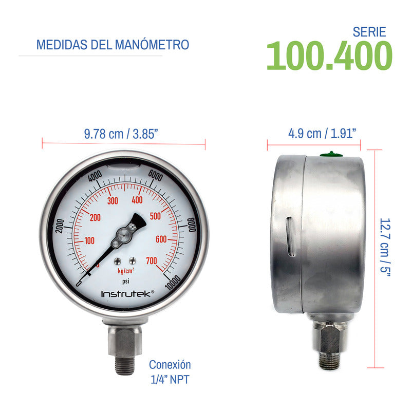 Manómetro 4", lleno de líquido premium, 1/4" NPT, inferior, 10000 psi-kg/cm2