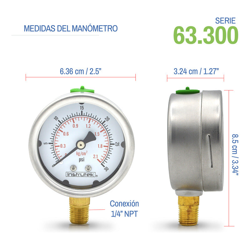 Stainless Steel Glycerin Pressure Gauge 2.5 IN, 30 Psi (air, water)
