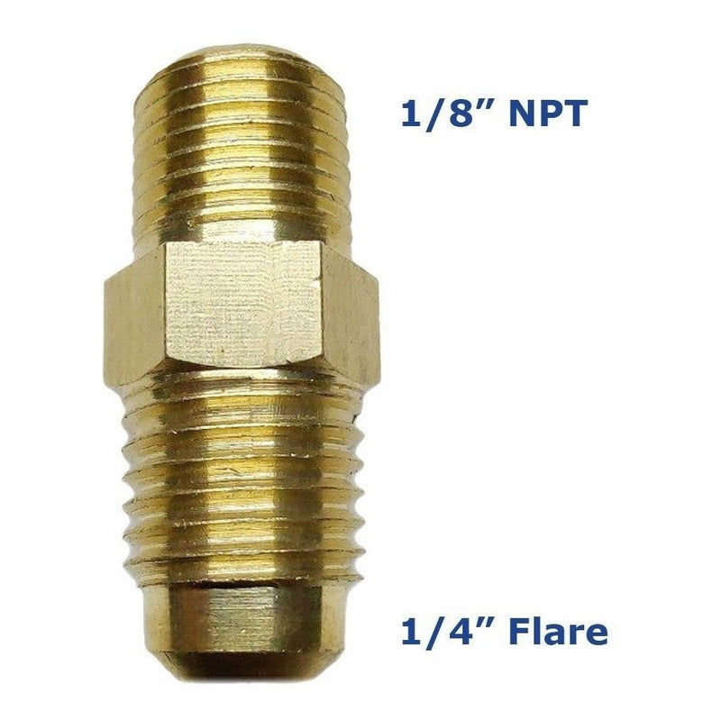 Conector macho, fabricado en latón (dorado) de 1/8" NPT x 1/4" flare.