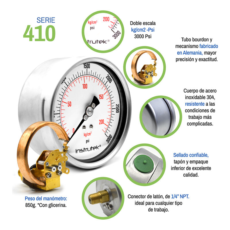 Manómetro 4", lleno de líquido premium, 1/4" NPT, posterior, 3000 psi-kg/cm2