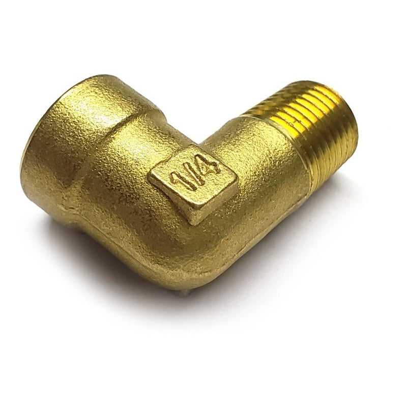 Conector en codo 90 hembra - macho, fabricado en latón (dorado) de 1/4" NPT x 1/4" NPT (M)