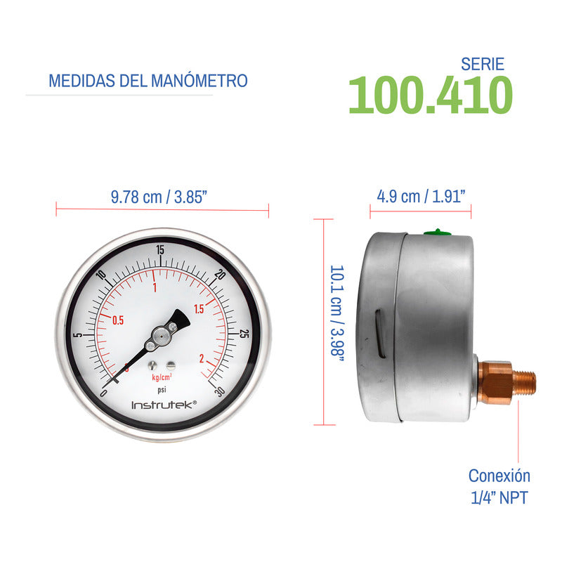 Manómetro 4", lleno de líquido premium, 1/4" NPT, posterior, 30 psi-kg/cm2
