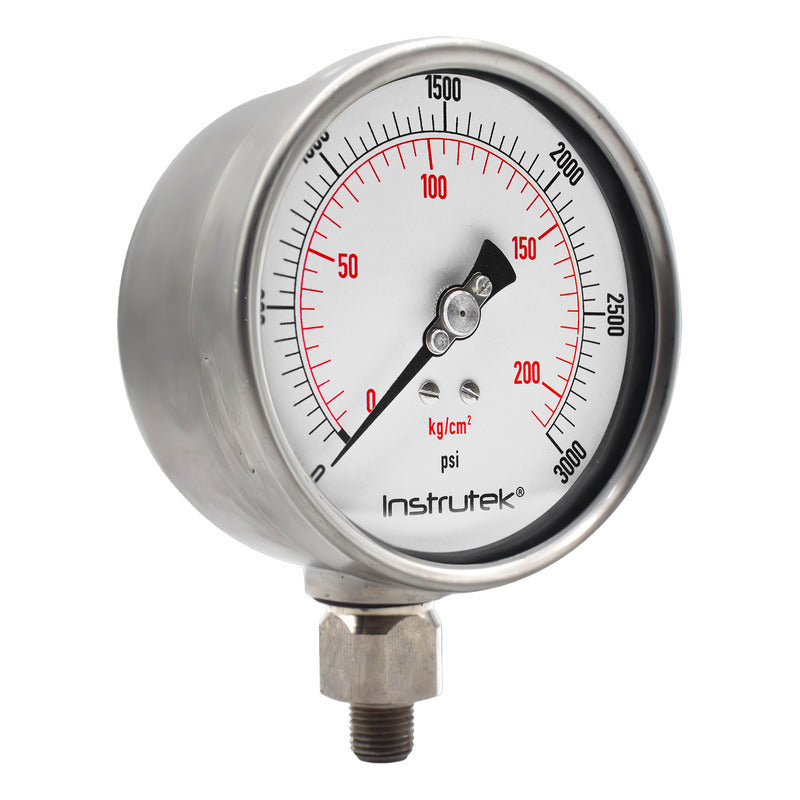 Manómetro 4", lleno de líquido premium, 1/4" NPT, inferior, 3000 psi-kg/cm2