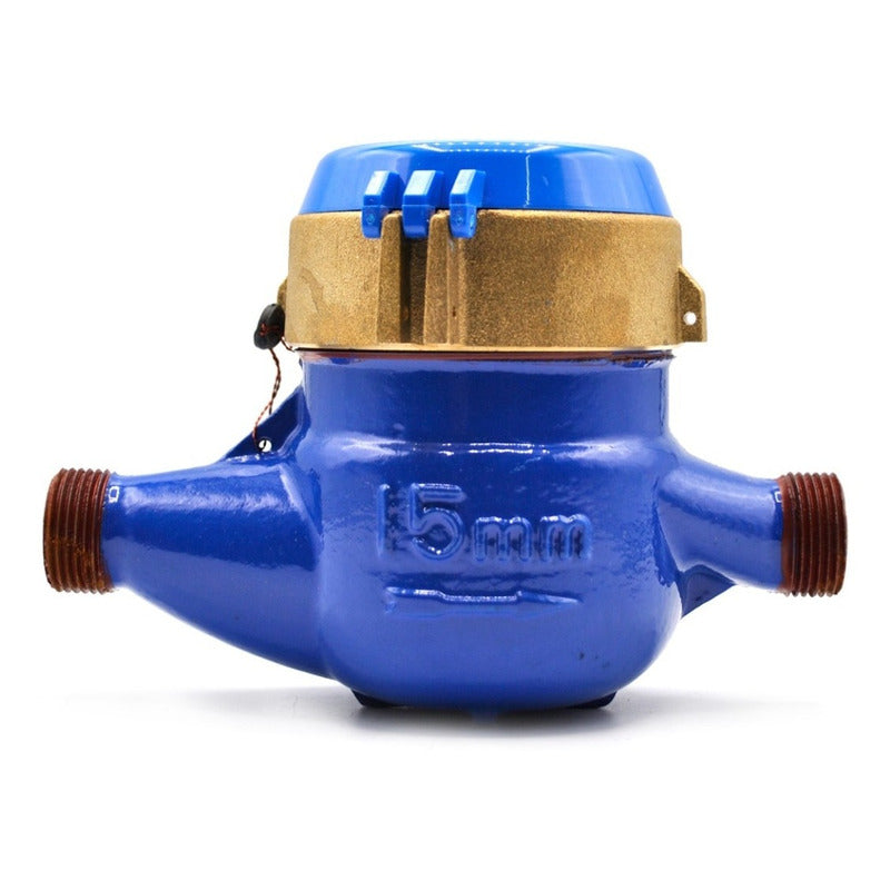 Medidor de agua tipo chorro múltiple, cuerpo de hierro, extremos roscados de 1/2", incluye los conectores de latón.
