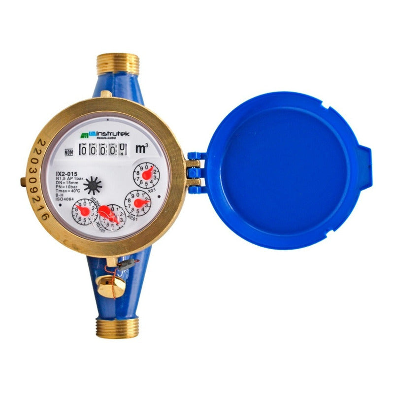 Medidor de agua tipo chorro múltiple, cuerpo de latón, extremos roscados de 1/2", incluye los conectores de latón